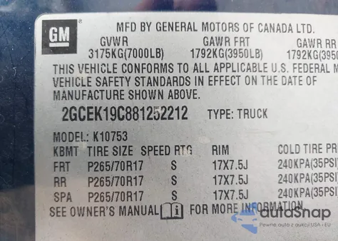 2008 Chevrolet Silverado 1500 Lt1 z USA, uszkodzony, nr VIN 2GCEK19C881252212